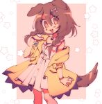  :d animal_collar animal_ears bangs blue_bow bone_hair_ornament bow bracelet braid brown_eyes brown_hair buttons collar dog_ears dog_girl dog_tail dress fangs hair_between_eyes hair_ornament hairclip highres hololive inugami_korone jacket jewelry long_hair looking_at_viewer low_twin_braids off_shoulder open_mouth pink_background rambamboo red_bow red_collar short_dress smile star_(symbol) tail twin_braids virtual_youtuber white_background white_dress yellow_jacket 