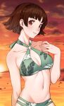  1girl bangs bare_shoulders beach braid breasts brown_hair commission commissioner_upload crown_braid medium_breasts niijima_makoto o-ring o-ring_swimsuit persona persona_5 persona_5_scramble:_the_phantom_strikers red_eyes rojen_p short_hair smile solo sunset swimsuit 