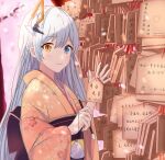  1girl absurdres bangs blue_eyes brush closed_mouth ema hair_between_eyes hair_ornament happy_new_year heterochromia highres honkai_(series) honkai_impact_3rd japanese_clothes kiana_kaslana kiana_kaslana_(void_drifter) kimono long_sleeves looking_at_viewer new_year orange_kimono smile solo takeawatch white_hair yellow_eyes 