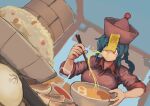  1girl absurdres blue_hair bowl brown_eyes chanta_(ayatakaoisii) chopsticks collared_dress cup dress eating eyebrows_visible_through_hair food highres jiangshi jiangshi_(chanta) noodles ofuda ofuda_on_clothes original purple_dress purple_headwear rice solo upper_body 