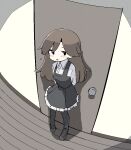  1girl against_door arashio_(kancolle) arms_behind_back black_eyes black_legwear blush brown_hair door dress full_body indoors jinzou_bob kantai_collection long_hair long_sleeves looking_at_viewer open_mouth remodel_(kantai_collection) shirt shoes smile solo standing white_shirt 