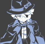  1boy azul_ashengrotto blue_eyes blue_headwear blue_jacket blue_neckwear bow bowtie buttons fedora glasses grey_background hat jacket looking_to_the_side male_focus monochrome rizu_(rizunm) shaded_face shirt short_hair simple_background smile smirk solo twisted_wonderland twitter_username upper_body wavy_hair white_hair white_shirt 