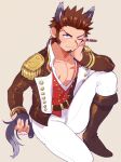  1boy animal_ears blue_eyes blush brown_hair cigar facial_hair fate/grand_order fate_(series) goatee holding holding_cigar jacket kemonomimi_mode large_pectorals long_sleeves male_focus mature_male napoleon_bonaparte_(fate) open_clothes open_jacket pectoral_cleavage pectorals shitappa sideburns smile solo tail toned toned_male wolf_boy wolf_ears wolf_tail 