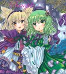  2girls :d :o belt black_belt black_headwear blonde_hair buttons cape center_frills cowboy_shot dress earmuffs eyebrows_visible_through_hair floral_background frilled_skirt frilled_sleeves frills ghost_tail green_dress green_eyes green_hair green_ribbon hair_between_eyes hand_on_another&#039;s_shoulder hat long_sleeves looking_at_viewer marker_(medium) medium_hair multiple_girls neck_ribbon ofuda ofuda_on_clothes open_mouth pointy_hair purple_cape purple_ribbon purple_skirt ribbon ribbon-trimmed_sleeves ribbon_trim rui_(sugar3) sample sheath shirt skirt smile soga_no_tojiko tate_eboshi touhou toyosatomimi_no_miko traditional_media white_shirt 