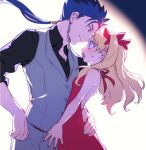  1boy 1girl bangs black_shirt blonde_hair blue_eyes blue_hair blush cu_chulainn_(fate)_(all) cu_chulainn_(fate/stay_night) dress earrings ereshkigal_(fate) fate/grand_order fate_(series) hair_ribbon hairband jewelry long_hair looking_at_another nail_polish open_mouth ponytail red_dress red_eyes ribbon shirt short_hair simple_background sleeveless sleeveless_shirt smile tetsukuzu_tetsuko twintails upper_body white_background 