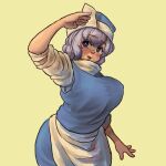  1girl arm_up blue_eyes blue_headwear breasts chanta_(ayatakaoisii) character_request cowboy_shot grey_hair large_breasts open_mouth shadow simple_background solo touhou yellow_background 