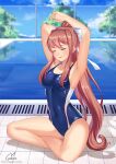  1girl armpits arms_up artist_name blue_swimsuit blurry blurry_background bow breasts brown_hair chungmechanic closed_eyes collarbone competition_swimsuit covered_navel day doki_doki_literature_club full_body hair_bow high_ponytail highres indian_style long_hair medium_breasts monika_(doki_doki_literature_club) one-piece_swimsuit outdoors ponytail pool poolside shiny shiny_hair sideboob sitting solo swimsuit very_long_hair white_bow 