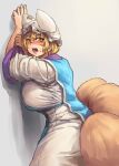  1girl arms_up bangs blonde_hair blush chanta_(ayatakaoisii) dress eyebrows_visible_through_hair fox_tail from_behind hat highres multiple_tails open_mouth pillow_hat short_hair solo tabard tail touhou white_dress white_headwear yakumo_ran 