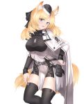  1girl :d animal_ear_fluff animal_ears arknights bangs beijiushui black_headwear black_legwear black_ribbon black_shorts blonde_hair blue_eyes breasts cape commentary_request fang feet_out_of_frame hair_ribbon hand_on_hip head_tilt highres horse_ears horse_tail kingdom_of_kazimierz_logo large_breasts long_hair looking_at_viewer open_mouth ribbon short_shorts shorts simple_background skin_fang smile solo tail thigh-highs thighs whislash_(arknights) white_background white_cape 
