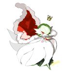  1girl apios1 bangs bare_shoulders blush bob_cut cape colored_skin commentary crown dress elbow_gloves flat_chest from_above full_body fur-trimmed_cape fur_trim gardevoir gen_3_pokemon gloves grass green_hair hair_over_one_eye highres light_blush mega_gardevoir mega_pokemon no_mouth pokemon pokemon_(creature) red_cape red_eyes running short_hair simple_background solo standing strapless strapless_dress white_background white_dress white_gloves white_skin yellow_headwear 