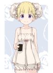  1girl absurdres bangs bare_shoulders blonde_hair bloomers blue_eyes blunt_bangs blush border bun_cover commentary_request cowboy_shot cup double_bun dress emilico_(shadows_house) eyebrows_visible_through_hair frilled_dress frills hair_bun highres holding holding_cup looking_at_viewer outside_border rauto shadows_house smile solo standing underwear white_border 