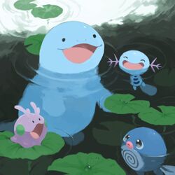  closed_eyes day gen_1_pokemon gen_2_pokemon gen_6_pokemon goomy kawaanago lily_pad no_humans open_mouth outdoors partially_submerged pokemon pokemon_(creature) poliwag quagsire ripples swimming swirl water water_drop wooper 