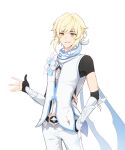  1boy bangs black_gloves blonde_hair flower genderswap genderswap_(ftm) genshin_impact gloves hair_between_eyes hand_in_pocket hei_lang highres lumine_(genshin_impact) male_focus pants partially_fingerless_gloves short_sleeves sidelocks simple_background solo undershirt vest white_background white_flower white_pants white_vest yellow_eyes 