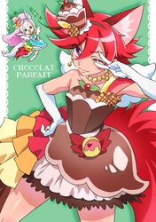  2girls alternate_color animal_ears chibi closed_mouth cosplay cure_chocolat cure_parfait cure_parfait_(cosplay) dog_ears dog_tail elbow_gloves eyebrows_visible_through_hair gloves green_background hair_between_eyes hand_on_hip highres kenjou_akira kirahoshi_ciel kirakira_precure_a_la_mode long_hair looking_at_viewer magical_girl multiple_girls mutyakai one_eye_closed pink_hair ponytail precure red_eyes redhead short_hair smile tail v white_gloves 