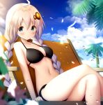  1girl ahoge bangs bare_arms bare_shoulders bikini black_bikini blue_eyes blue_sky blurry blurry_foreground blush braid breasts chair closed_mouth clouds cloudy_sky collarbone crossed_legs day depth_of_field eyebrows_visible_through_hair feet_out_of_frame hair_between_eyes hair_ornament kizuna_akari long_hair lounge_chair medium_breasts murano navel outdoors palm_tree silver_hair sky solo star_(symbol) swimsuit tree twin_braids twintails very_long_hair voiceroid water_drop 