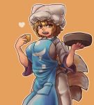  1girl blonde_hair breasts chanta_(ayatakaoisii) cowboy_shot dress hat heart holding large_breasts multiple_tails open_mouth orange_background outline pillow_hat short_hair simple_background solo tabard tail touhou white_dress white_outline yakumo_ran 