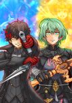  2boys amamiya_ren arsene_(persona_5) black_hair brown_hair byleth_(fire_emblem) byleth_eisner_(male) cape closed_mouth doumoto fire_emblem fire_emblem:_three_houses glasses gloves green_eyes green_hair highres holding jacket long_sleeves looking_at_viewer male_focus mask multiple_boys open_mouth persona persona_5 red_eyes red_gloves short_hair simple_background smile sothis_(fire_emblem) super_smash_bros. sword_of_the_creator 
