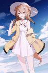  :d animal_collar animal_ears bangs blue_bow bone_hair_ornament bow braid brown_eyes brown_hair buttons clouds collar dog_ears dog_girl dog_tail dress fangs hair_between_eyes hair_ornament hairclip hat hololive horizon inugami_korone jacket long_hair looking_at_viewer loose_socks low_twin_braids ocean off_shoulder open_mouth red_bow red_collar red_legwear short_dress sky smile sun_hat tail twin_braids virtual_youtuber white_dress wind wind_lift yellow_jacket yueko_(jiayue_wu) 