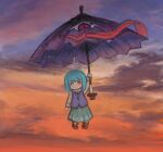  1girl bangs blue_eyes blue_hair blue_skirt blue_vest chibi clouds dusk ecstasy1919 geta heterochromia holding holding_umbrella juliet_sleeves karakasa_obake long_sleeves no_socks orange_sky puffy_sleeves purple_umbrella red_eyes shirt short_hair skirt sky tatara_kogasa tongue touhou umbrella vest white_shirt 