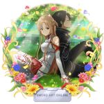  1boy 1girl armor asuna_(sao) back-to-back black_hair black_jacket black_pants blue_flower braid breastplate brown_eyes brown_hair closed_eyes detached_sleeves flower french_braid highres holding_hands jacket kirito long_hair long_sleeves miniskirt official_art pants petals pink_flower pleated_skirt red_flower red_skirt short_hair skirt sword_art_online thigh-highs transparent_background very_long_hair white_legwear white_sleeves yellow_flower zettai_ryouiki 