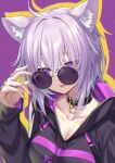  1girl :p ahoge animal_ear_fluff animal_ears bangs breasts cat_ears collar collarbone commentary eyebrows_visible_through_hair hair_between_eyes highres hololive light_purple_hair long_sleeves looking_at_viewer medium_breasts medium_hair nekomata_okayu round_eyewear simple_background solo sunglasses tongue tongue_out upper_body violet_eyes virtual_youtuber xephyrks 