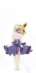  1girl 87banana ahoge artoria_pendragon_(all) barefoot blonde_hair blue_ribbon braid casual clothes_lift corset cross-laced_clothes dress dress_lift facing_away fate/stay_night fate_(series) floating_hair flower french_braid from_behind hair_ribbon highres holding holding_flower puffy_short_sleeves puffy_sleeves ribbed_dress ribbon saber shirt short_sleeves simple_background skirt skirt_lift solo standing sunflower walking white_background white_shirt wind wind_lift 