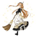  1girl apron asuna_(sao) black_footwear black_shirt black_skirt boots bow broom brown_eyes brown_hair closed_mouth floating_hair from_behind full_body gloves hair_bow high_heel_boots high_heels highres holding holding_broom layered_skirt long_hair long_skirt long_sleeves looking_at_viewer looking_back maid_headdress official_art ribbon shirt sidelocks skirt smile solo standing standing_on_one_leg sword_art_online transparent_background twintails very_long_hair white_apron white_gloves yellow_bow yellow_ribbon 