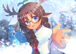  1girl :d antlers bangs blue_eyes blue_jacket blurry blurry_background blush braid breasts brown-framed_eyewear brown_hair collared_shirt commentary_request day depth_of_field dress_shirt eyebrows_visible_through_hair glasses hands_up indie_virtual_youtuber jacket kendra_kendrillion kou_hiyoyo long_hair long_sleeves off_shoulder open_clothes open_jacket open_mouth outdoors parted_bangs puffy_long_sleeves puffy_sleeves rainbow round_eyewear shirt small_breasts smile snow solo twin_braids upper_body very_long_hair virtual_youtuber white_shirt 
