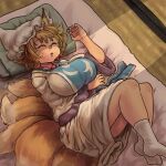  1girl animal_ears blonde_hair breasts chanta_(ayatakaoisii) closed_eyes commentary_request dress fox_ears fox_tail full_body hat large_breasts long_sleeves lying multiple_tails no_shoes open_mouth parted_lips pillow pillow_hat shadow short_hair sleeping socks solo tabard tail touhou white_dress white_headwear white_legwear wide_sleeves yakumo_ran 
