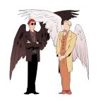  2boys angel apios1 aziraphale_(good_omens) black_eyes black_footwear black_jacket black_pants black_wings blonde_hair bow bowtie brown_neckwear buttons closed_mouth commentary crossed_arms crowley_(good_omens) eye_contact feathered_wings full_body good_omens grey_shirt hands_together happy highres jacket legs_together long_sleeves looking_at_another loose_necktie male_focus multiple_boys necktie open_clothes open_jacket orange_pants orange_vest pants red_footwear redhead round_eyewear shirt shoes short_hair sideways_mouth smile standing sunglasses symmetry v-shaped_eyebrows vest white_shirt white_wings wings yellow_jacket 