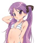 1girl arm_behind_head bangs bikini black_ribbon blush breasts collarbone commentary_request eyebrows_visible_through_hair hair_ribbon hand_up highres hiiragi_kagami hotaru_iori ichimi_renge linea_alba long_hair looking_at_viewer lucky_star navel open_mouth purple_hair ribbon simple_background small_breasts solo stomach striped striped_bikini swimsuit twintails upper_body very_long_hair violet_eyes water_drop wet wet_hair white_background 