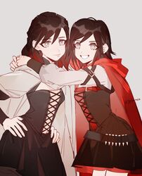  2girls belt black_hair bullet cape corset highres hug mother_and_daughter multicolored_hair multiple_girls red_cape redhead ruby_rose rwby summer_rose yuji_(fantasia) 