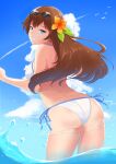  1girl absurdres ass asymmetrical_bangs back bangs beach bikini blue_eyes blue_sky brown_hair buttslayer clouds earrings flower grin guardian_tales hair_flower hair_ornament highres jewelry long_hair looking_at_viewer morning scientist_on_the_beach_sohee sky smile sunglasses swimsuit water white_bikini 