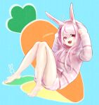  1girl absurdres ahoge animal_ears barefoot blue_background carrot fang feet full_body highres hood knees_up leaning_back legs long_hair open_mouth pink_eyes pink_hair pink_shirt pink_shorts rabbit_ears sakuma_(saku0ma) shirt shorts simple_background sitting smile solo striped striped_shirt striped_shorts thighs toes tomari_mari tomari_mari_channel virtual_youtuber 