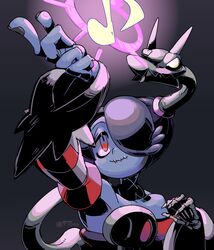  1girl 770mk blue_hair blue_skin colored_skin corset glowing glowing_eyes hair_over_one_eye leviathan_(skullgirls) long_hair musical_note neckwear one-eyed purple_background red_eyes skeletal_arm skullgirls smile squigly_(skullgirls) stitched_mouth stitches striped striped_sleeves yellow_eyes zombie 