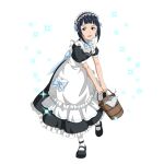  1girl :d apron aqua_eyes back_bow bangs black_footwear black_hair black_skirt black_sleeves blue_bow blue_neckwear blue_ribbon blunt_bangs bow bucket dress_shirt frilled_skirt frills full_body hair_ribbon highres holding holding_bucket leaning_forward long_skirt maid maid_headdress mary_janes mole mole_under_eye official_art open_mouth ribbon sachi_(sao) shiny shiny_hair shirt shoes short_hair short_sleeves skirt smile solo standing standing_on_one_leg sword_art_online transparent_background waist_apron white_apron white_legwear white_shirt 