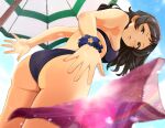  1girl :o ass bangs bikini black_bikini black_hair blue_scrunchie blue_sky blush breasts clouds from_below hanamasa_ono highres idolmaster idolmaster_million_live! kitazawa_shiho light_particles looking_at_viewer looking_down open_mouth outdoors purple_sarong sarong scrunchie sky small_breasts solo star_(symbol) star_print swimsuit umbrella upper_teeth yellow_eyes 