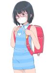  1girl backpack bag black_hair blue_dress brown_eyes bubukka child dress flat_chest glasses mask mouth_mask original pink-framed_eyewear randoseru short_hair simple_background sleeveless sleeveless_dress solo striped striped_dress thighs white_background 