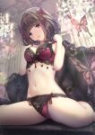  1girl bangs black_hair blunt_bangs blurry blurry_background bow bow_panties bra bug butterfly butterfly_hair_ornament ceiling chandelier hair_ornament highres indoors insect lace lace_bra lace_panties missile228 navel original panties red_bra red_panties sitting solo tongue tongue_out underwear violet_eyes wariza 