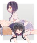  3girls black_hair border bow bowtie braid brown_sweater closed_eyes closed_mouth clothes_around_waist collared_shirt commentary_request drooling grey_background grey_skirt hair_bow hair_ornament hairclip higuchi_kaede jk_gumi_(nijisanji) long_hair looking_at_viewer lying lying_on_person multiple_girls necktie nijisanji on_stomach open_mouth plaid plaid_skirt ponytail profile purple_hair purple_neckwear red_neckwear school_uniform shirt shizuka_rin short_hair short_sleeves sideways_glance simple_background sitting skirt sleeping smile sou_(tuhut) sweater sweater_around_waist tsukino_mito twin_braids white_border white_bow white_shirt 