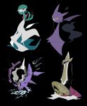  1girl absurdres aegislash apios1 bangs bat black_background black_sclera bob_cut closed_eyes closed_mouth cloyster colored_sclera colored_skin commentary crobat flat_chest from_side full_body gardevoir gen_1_pokemon gen_2_pokemon gen_3_pokemon gen_6_pokemon green_hair green_skin hands_up happy highres looking_at_viewer looking_up multicolored multicolored_skin no_mouth one-eyed pokemon pokemon_(creature) red_eyes shell shield short_hair simple_background slit_pupils smile spikes standing sword teeth two-tone_skin violet_eyes weapon white_skin yellow_sclera 