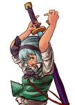  1girl arms_up black_hairband bright_pupils chanta_(ayatakaoisii) collared_shirt green_eyes grey_hair hairband highres hitodama holding holding_sword holding_weapon konpaku_youmu shirt short_hair short_sleeves solo sword sword_behind_back touhou upper_body weapon white_pupils white_shirt 