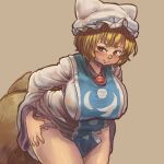  1girl blonde_hair blush breasts brown_background brown_eyes chanta_(ayatakaoisii) cowboy_shot dress fox_tail hat large_breasts leaning_forward long_sleeves multiple_tails panties pillow_hat simple_background solo tabard tail touhou underwear undressing white_dress white_headwear white_panties yakumo_ran 