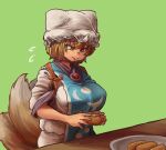  1girl blonde_hair breasts chanta_(ayatakaoisii) dress eyebrows_visible_through_hair food fox_tail green_background hat holding holding_food large_breasts multiple_tails pillow_hat plate short_hair simple_background smile solo tabard tail touhou white_dress yakumo_ran 