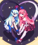 2girls bangs black_gloves black_legwear blue_eyes blue_hair closed_mouth full_body gloves hair_between_eyes hair_ornament heart_tail heart_tail_duo honkai_(series) honkai_impact_3rd horns kdsgame02 liliya_olenyeva long_hair long_tail looking_at_viewer multiple_girls pink_hair pixel_art rozaliya_olenyeva single_horn smile tail white_gloves white_legwear