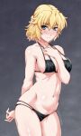  1girl bikini black_bikini blonde_hair blush breasts closed_mouth collarbone commentary_request eyebrows_visible_through_hair green_eyes hair_between_eyes highres looking_at_viewer medium_breasts mizuhashi_parsee navel ootsuki_wataru pointy_ears short_hair solo standing swimsuit thighs touhou twitter_username 