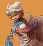  1girl blonde_hair chanta_(ayatakaoisii) dress eyebrows_visible_through_hair feet_out_of_frame hat highres long_sleeves multiple_tails open_mouth orange_background pillow_hat short_hair simple_background solo tabard tail tears touhou white_dress yakumo_ran yellow_eyes 