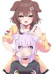  2girls :3 :d absurdres ahoge animal_collar animal_ear_fluff animal_ears behind_another black_hoodie blush bone_hair_ornament braid bright_pupils brown_eyes brown_hair cat_ears collar commentary_request controller cowboy_shot dog_ears eyebrows_visible_through_hair floppy_ears game_controller hair_between_eyes hair_ornament hand_on_another&#039;s_chin hand_on_another&#039;s_head highres holding holding_controller holding_game_controller hololive hood hood_down hoodie inugami_korone jewelry looking_at_another looking_at_viewer looking_down multiple_girls nekomata_okayu nintendo_switch off-shoulder_shirt off_shoulder open_mouth partial_commentary pendant purple_hair shirt shirt_under_shirt short_hair simple_background skirt smile standing tsukimirin twin_braids upper_body virtual_youtuber white_background white_pupils white_shirt wristband yellow_shirt yellow_skirt 