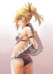 1girl armor ass bangs bare_shoulders bikini bikini_armor black_bikini blonde_hair braid breasts fate/apocrypha fate_(series) female_ass french_braid gauntlets gradient gradient_background green_eyes hair_ornament hair_scrunchie highres long_hair mordred_(fate) mordred_(fate)_(all) parted_bangs ponytail scrunchie sidelocks small_breasts swimsuit thighs tonee