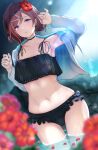  1girl :o arm_up armpits ass_visible_through_thighs bangs bikini black_bikini black_choker blue_jacket blurry blurry_background blurry_foreground blush brown_hair choker commentary_request cowboy_shot drawstring dutch_angle eyebrows_visible_through_hair flat_chest flower frilled_bikini frills fujita_kanbe hair_between_eyes hair_flower hair_ornament hairclip hands_up higuchi_madoka idolmaster idolmaster_shiny_colors jacket long_sleeves looking_at_viewer midriff mole mole_under_eye navel open_clothes open_jacket parted_lips petals petals_on_liquid revision short_hair sidelocks solo standing swept_bangs swimsuit violet_eyes wading water wet x_hair_ornament 